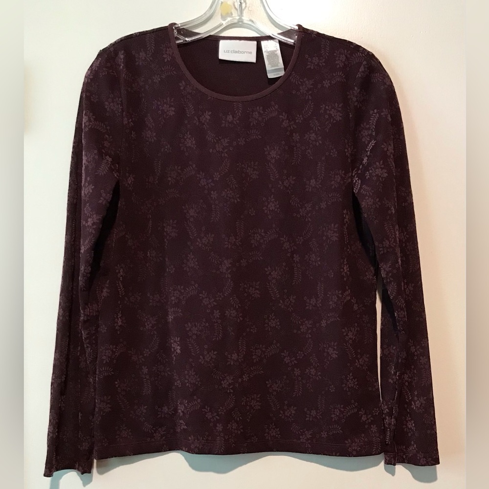 Liz Claiborne Plum Floral Long-Sleeve Crewneck Top
